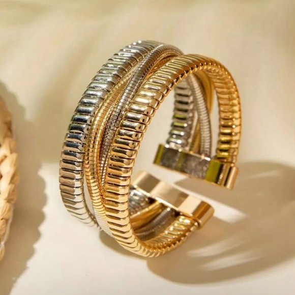 Stunning Modern Gold & Silver Double Layered Cuff Bracelet - Picture 3 of 6